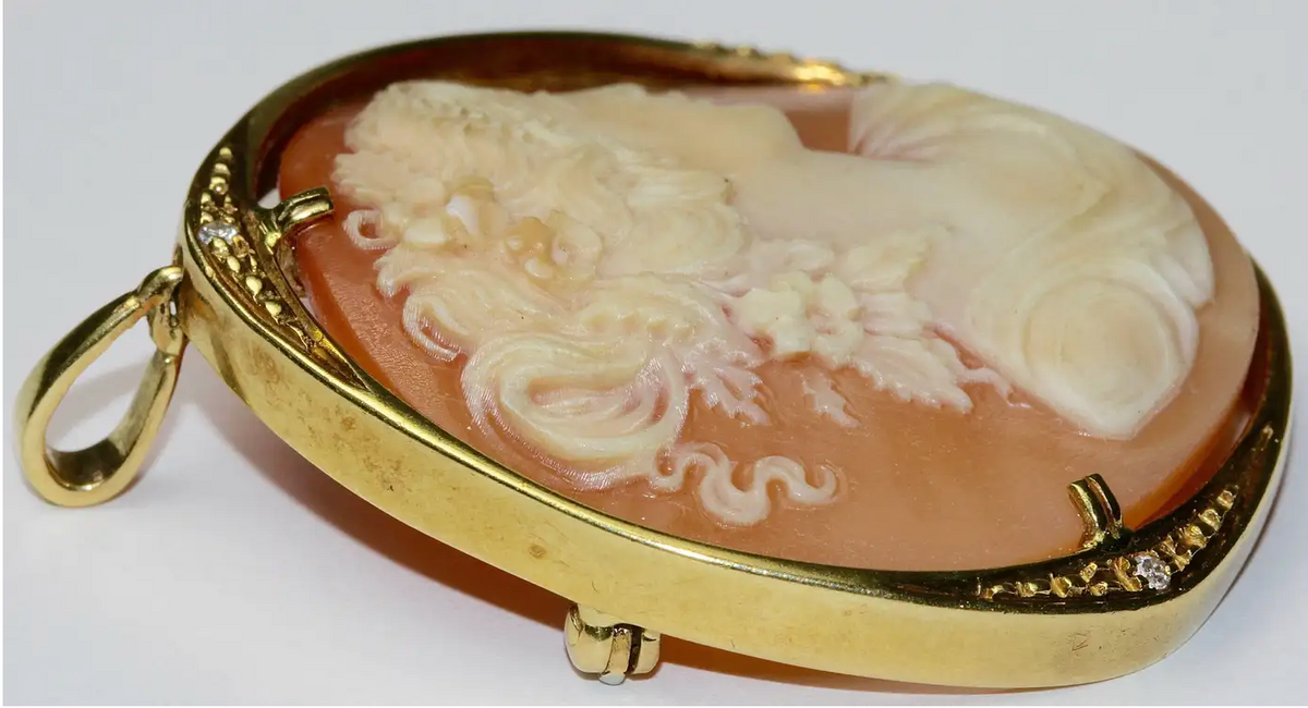 Kamee-Brosche & Anhänger in 18 Karat Gold mit Diamanten