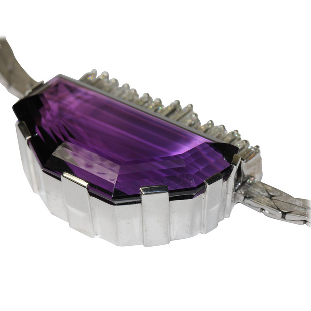 Weißgold Collier mit großem Amethyst und Diamanten