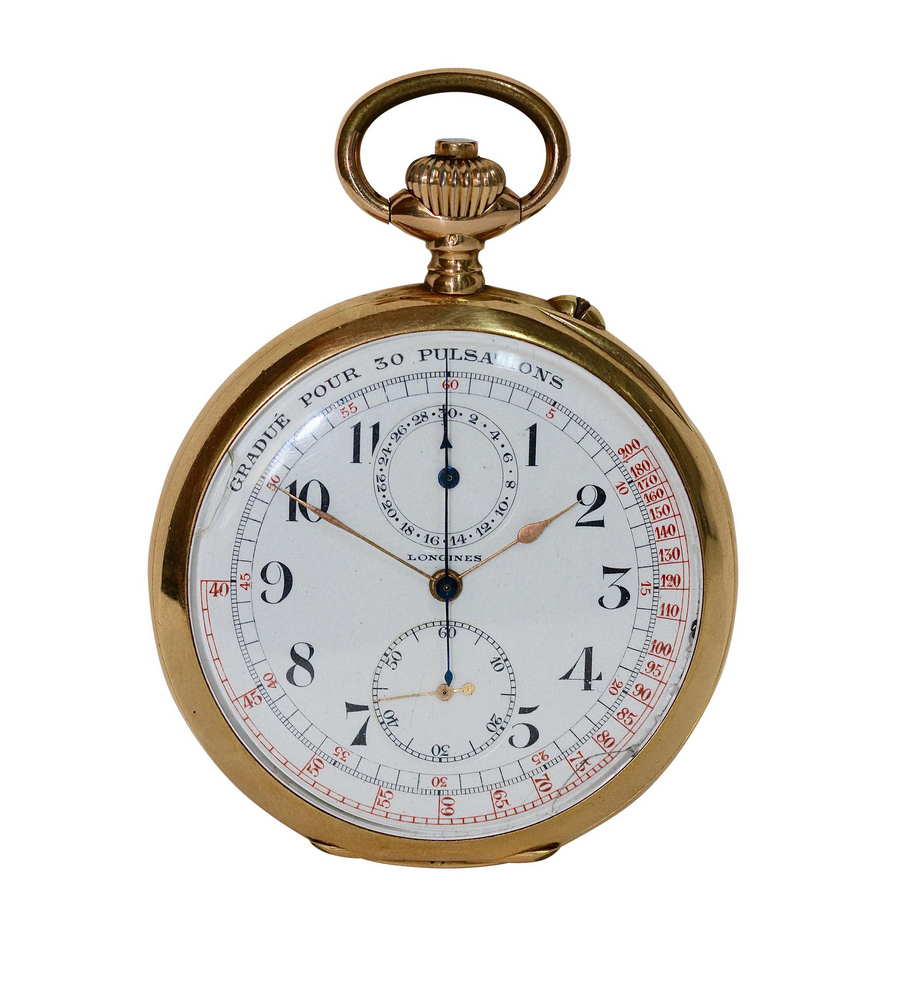 Longines Chronograph Taschenuhr „Gradué pour 30 Pulsations“ – 18 Karat Gelbgold