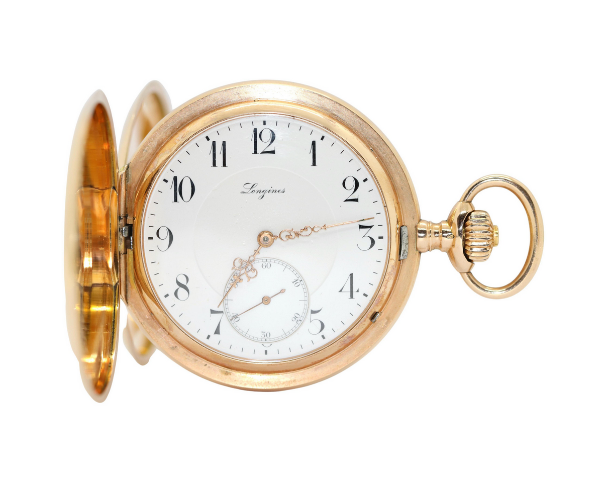 Longines – Schwere 14 Karat Gold Taschenuhr mit arabischem Emailzifferblatt