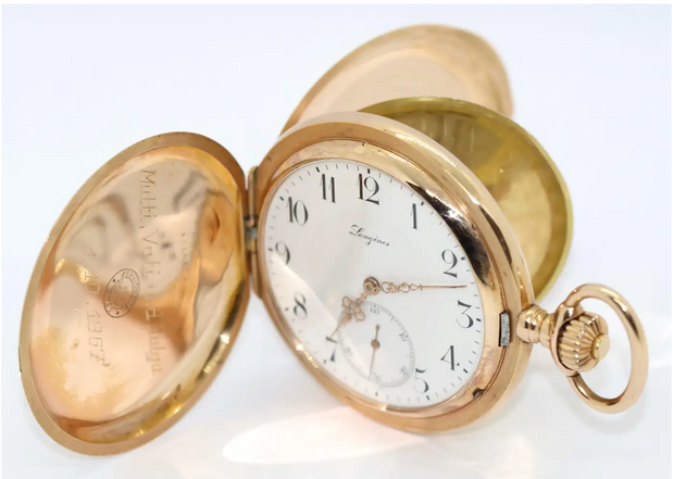 Longines – Schwere 14 Karat Gold Taschenuhr mit arabischem Emailzifferblatt