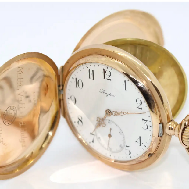 Longines – Schwere 14 Karat Gold Taschenuhr mit arabischem Emailzifferblatt