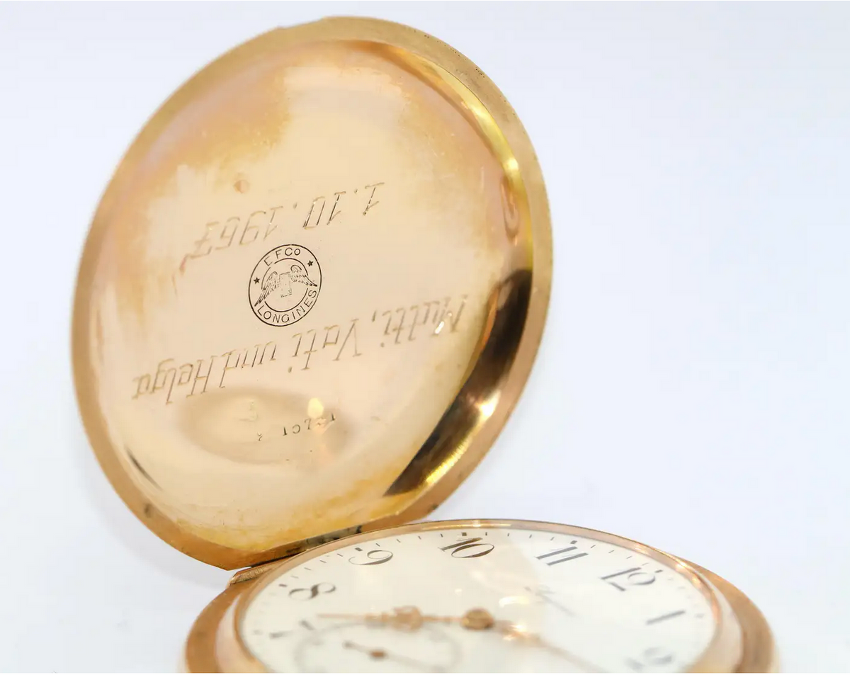 Longines – Schwere 14 Karat Gold Taschenuhr mit arabischem Emailzifferblatt