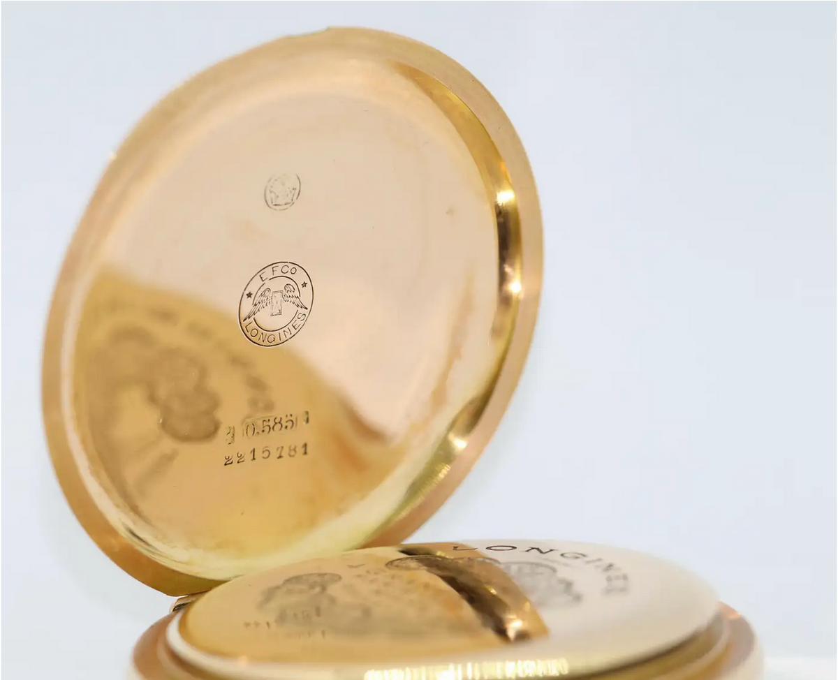 Longines – Schwere 14 Karat Gold Taschenuhr mit arabischem Emailzifferblatt