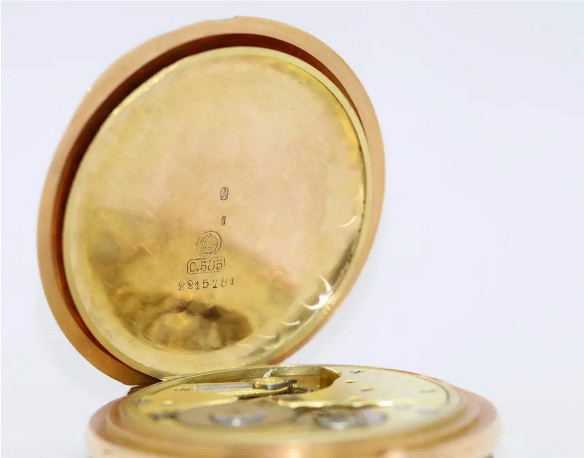 Longines – Schwere 14 Karat Gold Taschenuhr mit arabischem Emailzifferblatt