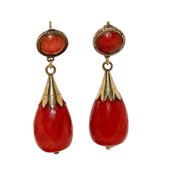 Antike Ohrhänger Gold mit Edelkorallen - Korallen-Ohrringe