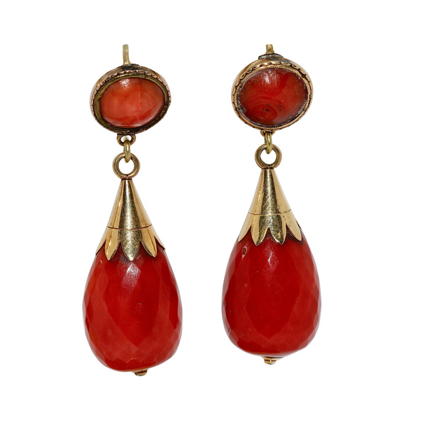 Antike Ohrhänger Gold mit Edelkorallen - Korallen-Ohrringe