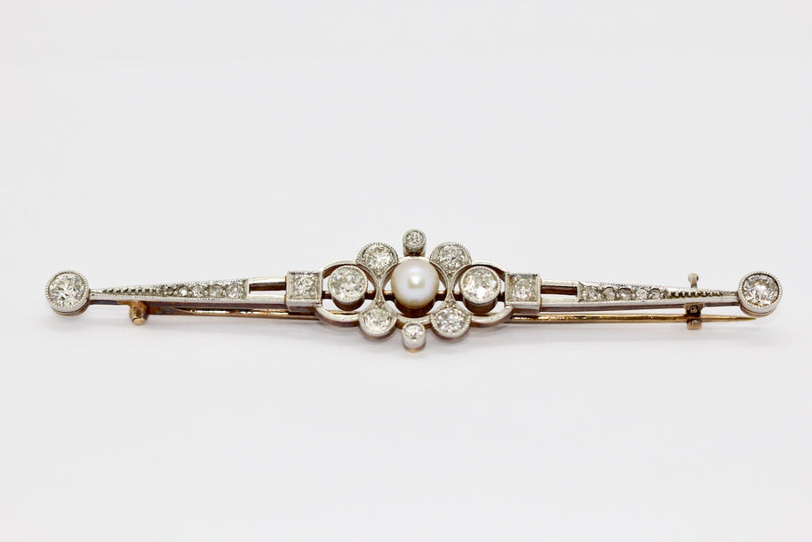Antike Art Déco Brosche aus Gold & Platin mit Diamanten und Perle