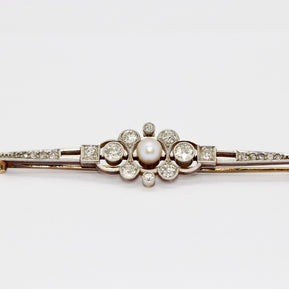 Antike Art Déco Brosche aus Gold & Platin mit Diamanten und Perle