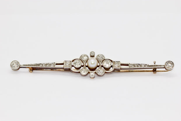 Antike Art Déco Brosche aus Gold & Platin mit Diamanten und Perle