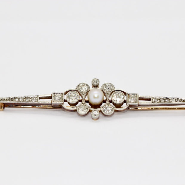 Antike Art Déco Brosche aus Gold & Platin mit Diamanten und Perle