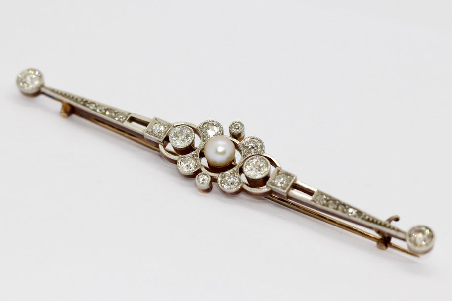 Antike Art Déco Brosche aus Gold & Platin mit Diamanten und Perle