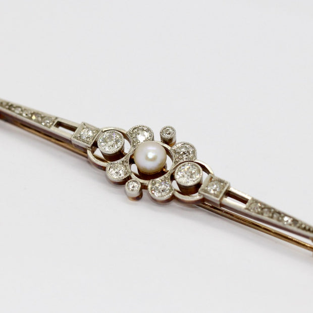 Antike Art Déco Brosche aus Gold & Platin mit Diamanten und Perle