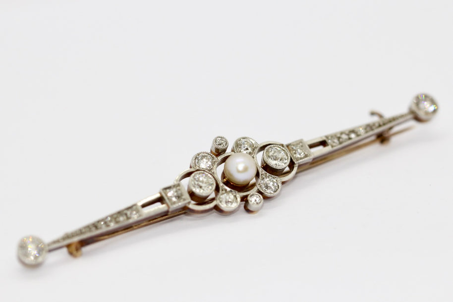 Antike Art Déco Brosche aus Gold & Platin mit Diamanten und Perle