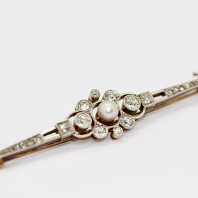 Antike Art Déco Brosche aus Gold & Platin mit Diamanten und Perle