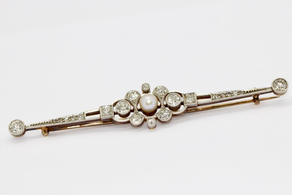 Antike Art Déco Brosche aus Gold & Platin mit Diamanten und Perle