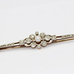 Antike Art Déco Brosche aus Gold & Platin mit Diamanten und Perle