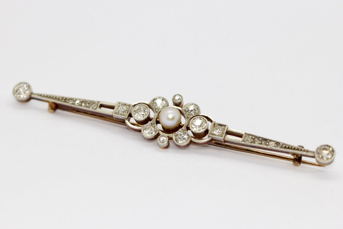 Antike Art Déco Brosche aus Gold & Platin mit Diamanten und Perle