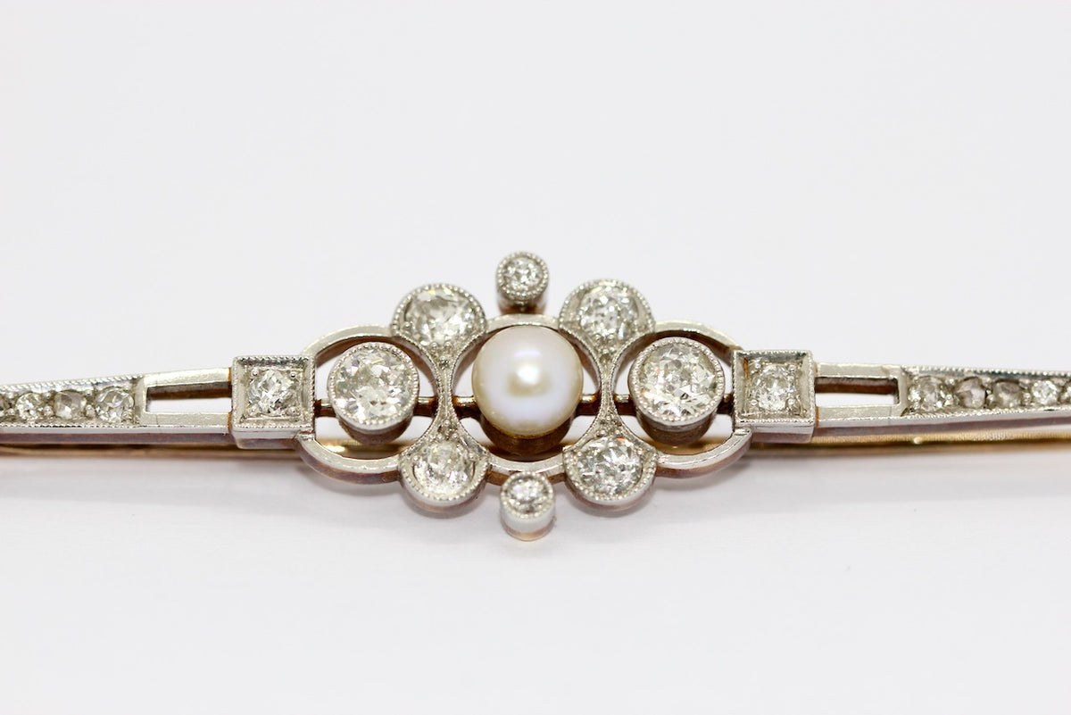 Antike Art Déco Brosche aus Gold & Platin mit Diamanten und Perle