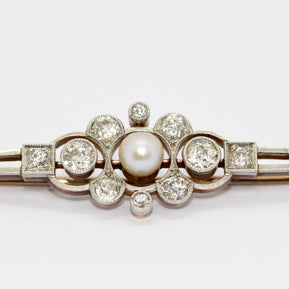 Antike Art Déco Brosche aus Gold & Platin mit Diamanten und Perle