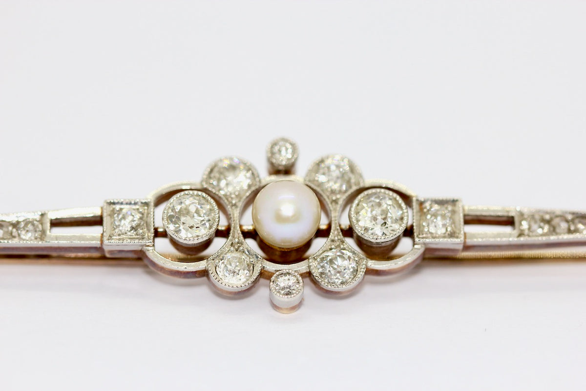 Antike Art Déco Brosche aus Gold & Platin mit Diamanten und Perle