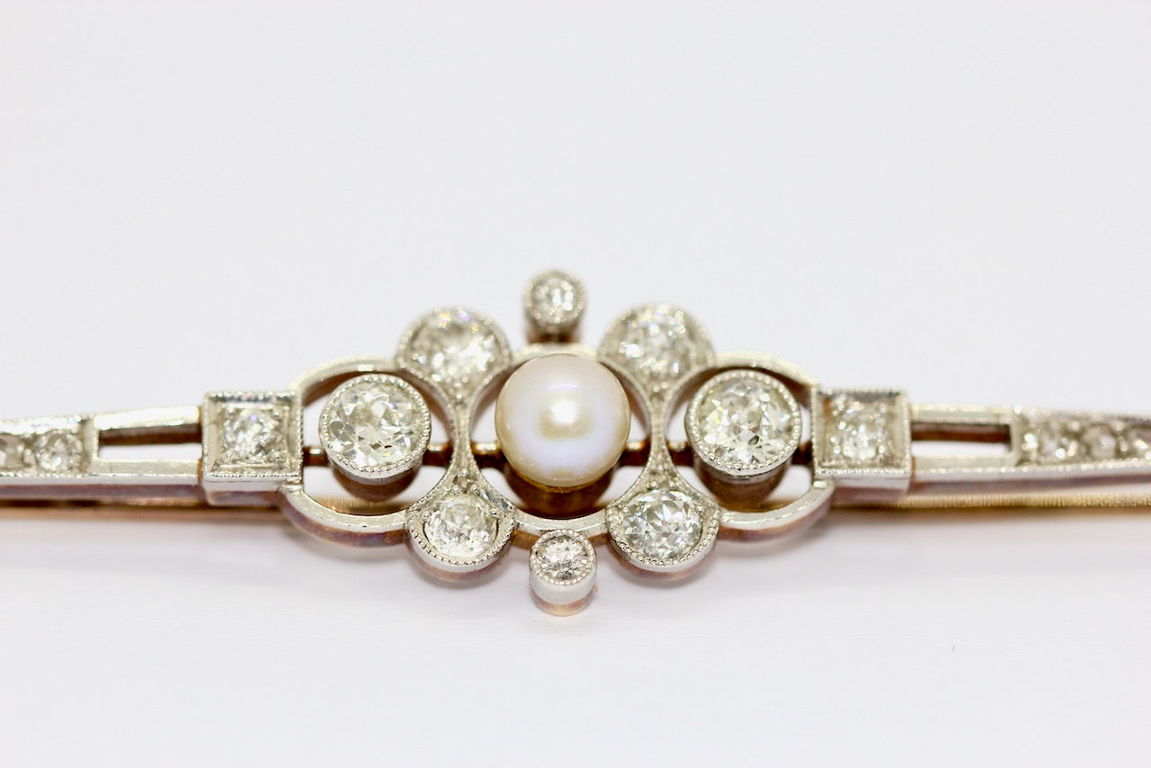 Antike Art Déco Brosche aus Gold & Platin mit Diamanten und Perle