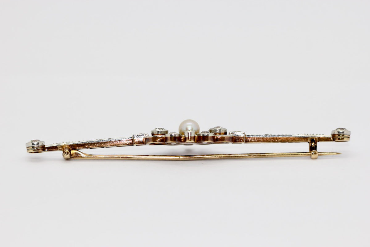 Antike Art Déco Brosche aus Gold & Platin mit Diamanten und Perle