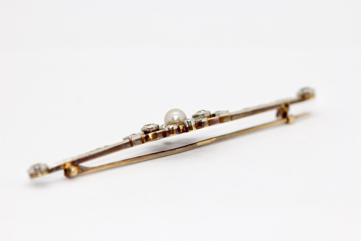 Antike Art Déco Brosche aus Gold & Platin mit Diamanten und Perle