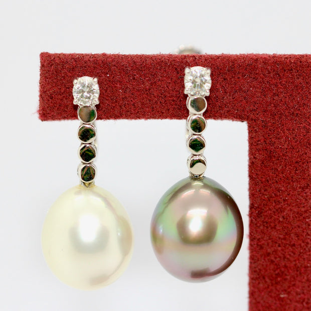 Diamantohrringe aus 18K Weißgold mit weißen & grauen Südseeperlen