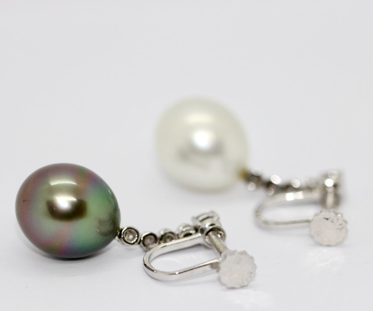 Diamantohrringe aus 18K Weißgold mit weißen & grauen Südseeperlen