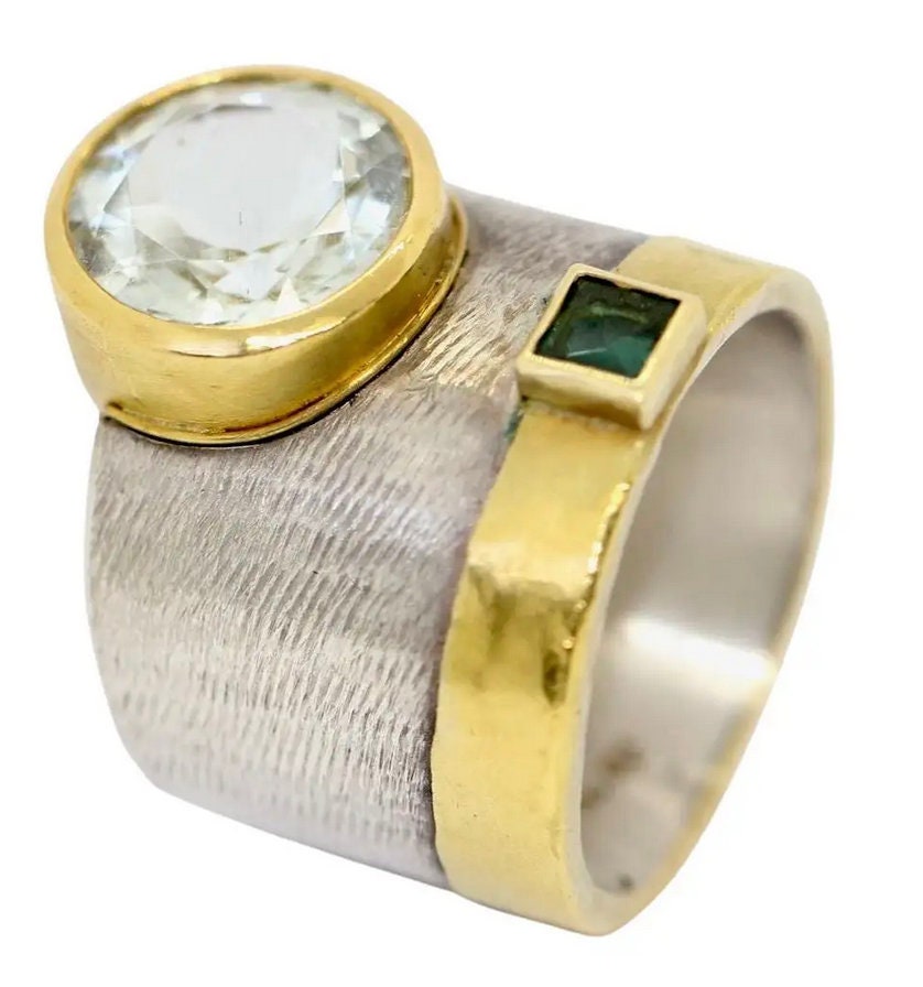 Designer-Ring aus Sterlingsilber und 21,6 Karat Gold mit Aquamarin und Turmalin