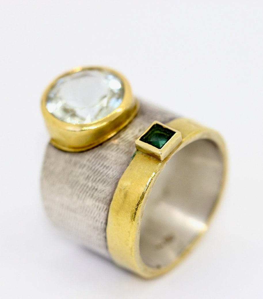 Designer-Ring aus Sterlingsilber und 21,6 Karat Gold mit Aquamarin und Turmalin