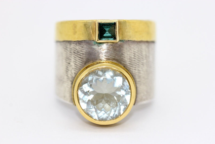 Designer-Ring aus Sterlingsilber und 21,6 Karat Gold mit Aquamarin und Turmalin