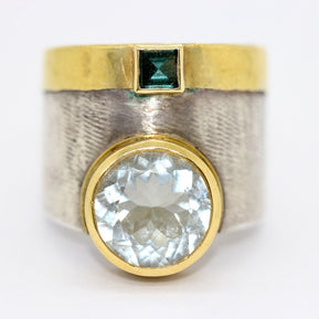 Designer-Ring aus Sterlingsilber und 21,6 Karat Gold mit Aquamarin und Turmalin