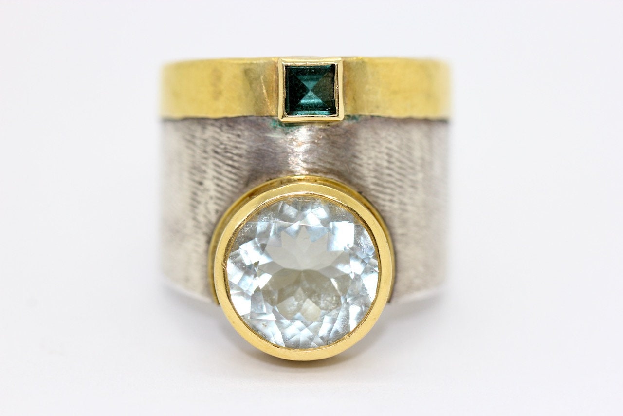Designer-Ring aus Sterlingsilber und 21,6 Karat Gold mit Aquamarin und Turmalin
