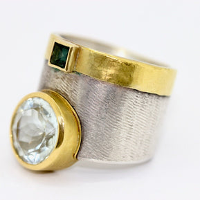 Designer-Ring aus Sterlingsilber und 21,6 Karat Gold mit Aquamarin und Turmalin
