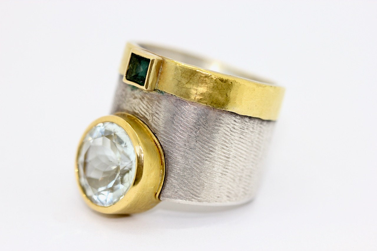 Designer-Ring aus Sterlingsilber und 21,6 Karat Gold mit Aquamarin und Turmalin