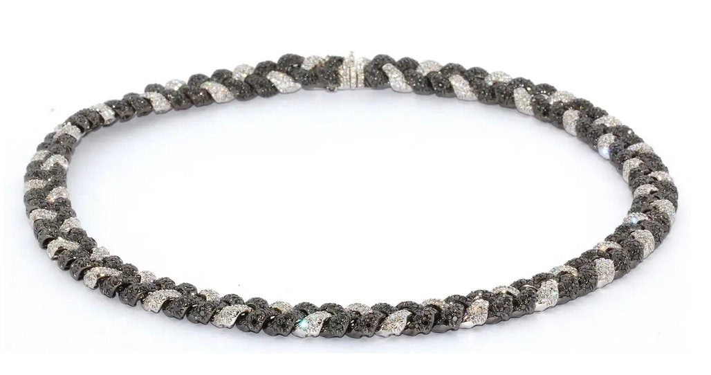 Massive Gold Halskette, Collier, 18 Karat Weißgold, besetzt mit weißen und schwarzen Diamanten