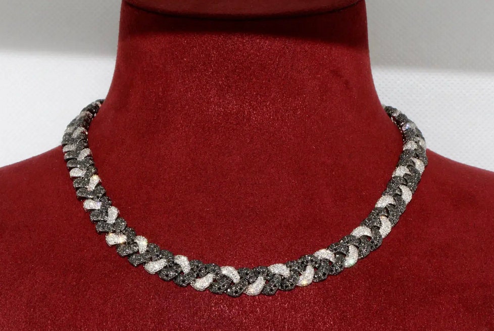 Massive Gold Halskette, Collier, 18 Karat Weißgold, besetzt mit weißen und schwarzen Diamanten