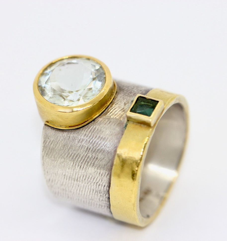 Designer-Ring aus Sterlingsilber und 21,6 Karat Gold mit Aquamarin und Turmalin