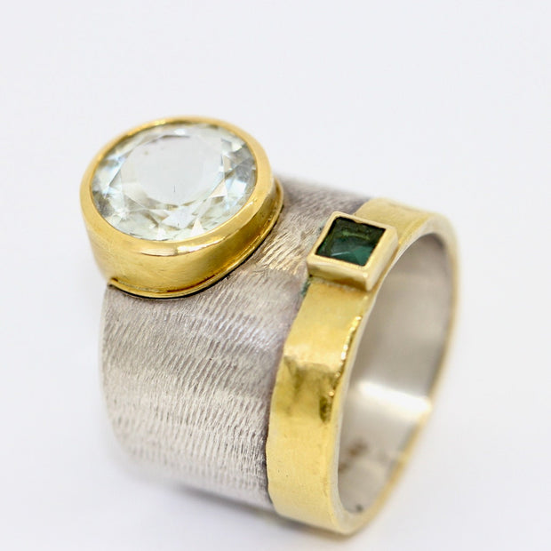 Designer-Ring aus Sterlingsilber und 21,6 Karat Gold mit Aquamarin und Turmalin