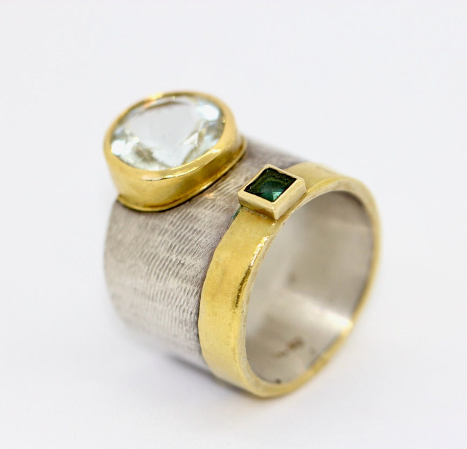 Designer-Ring aus Sterlingsilber und 21,6 Karat Gold mit Aquamarin und Turmalin