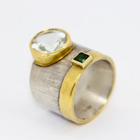 Designer-Ring aus Sterlingsilber und 21,6 Karat Gold mit Aquamarin und Turmalin