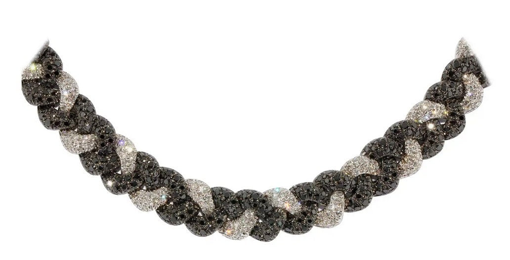 Massive Gold Halskette, Collier, 18 Karat Weißgold, besetzt mit weißen und schwarzen Diamanten