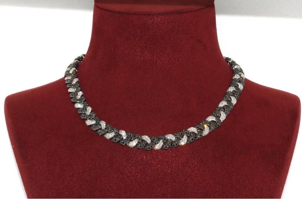 Massive Gold Halskette, Collier, 18 Karat Weißgold, besetzt mit weißen und schwarzen Diamanten