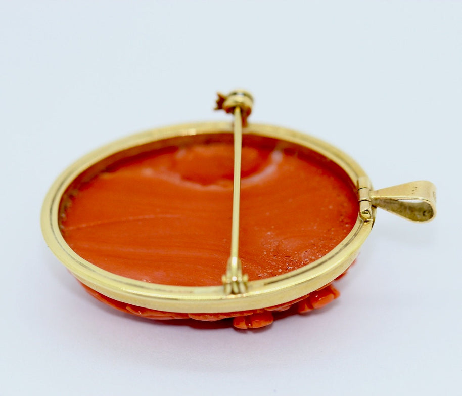 Antike Brosche, Anhänger, Korallen-Kamee, 18 Karat Gold, weibliches Portrait, Kameo, Cameo