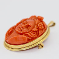 Antike Brosche, Anhänger, Korallen-Kamee, 18 Karat Gold, weibliches Portrait, Kameo, Cameo
