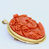 Antike Brosche, Anhänger, Korallen-Kamee, 18 Karat Gold, weibliches Portrait, Kameo, Cameo