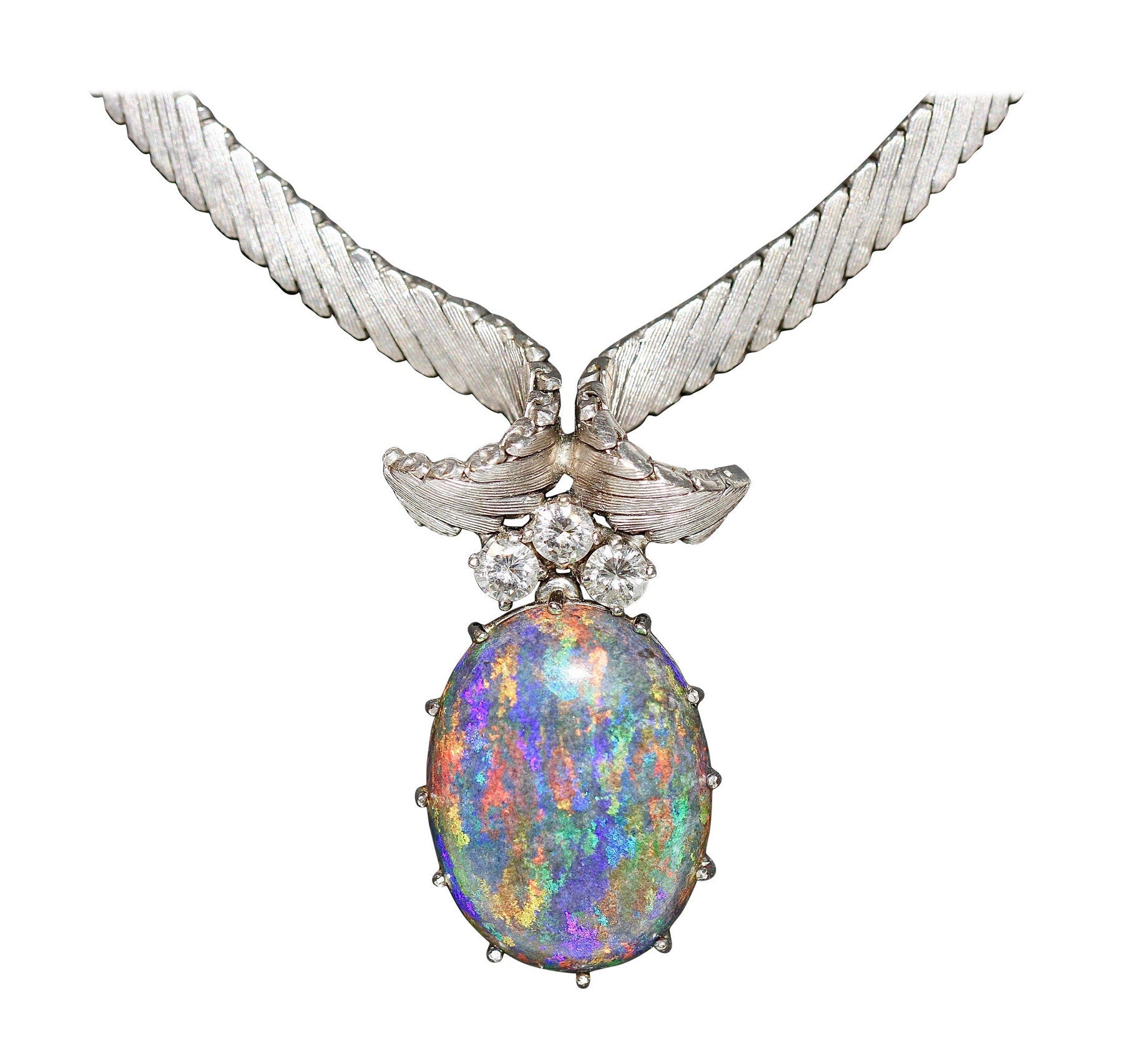Prächtige Halskette, Collier aus 18 Karat Weißgold mit großem australischem Opal und Diamanten