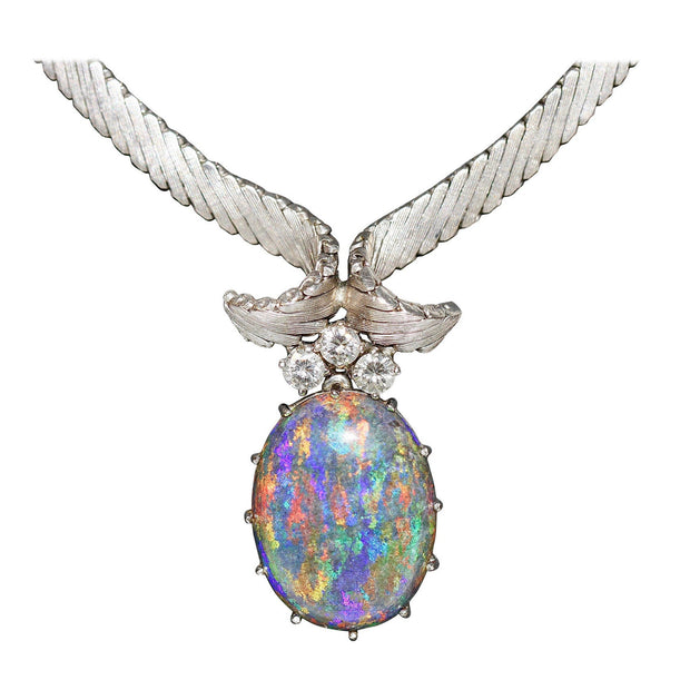 Prächtige Halskette, Collier aus 18 Karat Weißgold mit großem australischem Opal und Diamanten